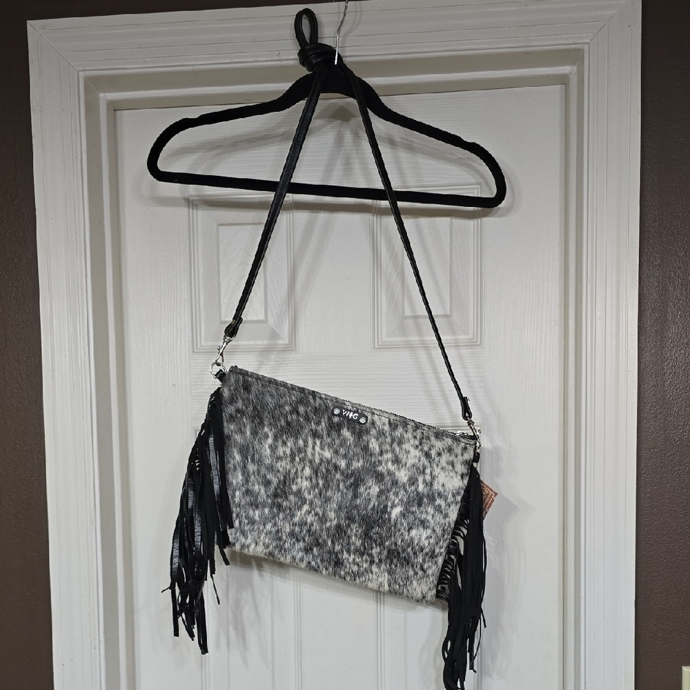 Real Leather Black and Gray Cowhide Print Fringe Crossbody Bag